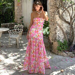 12th Tribe LaBelle Strapless Drop Waist Pink Floral Maxi Dress Size SS